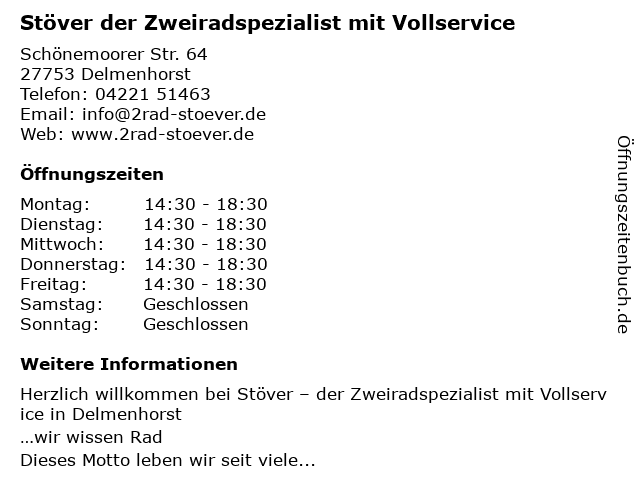 ᐅ Öffnungszeiten „Zweiradspezialist Stöver“ Schönemoorer