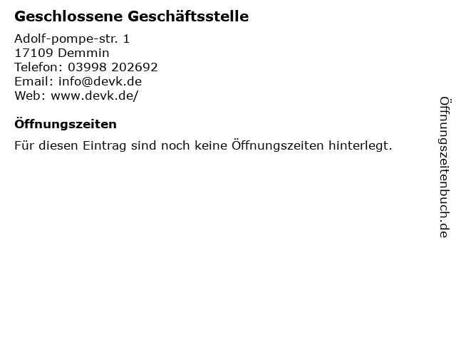 ᐅ Offnungszeiten Devk Versicherung Adolf Pompe Strasse 1 In Demmin