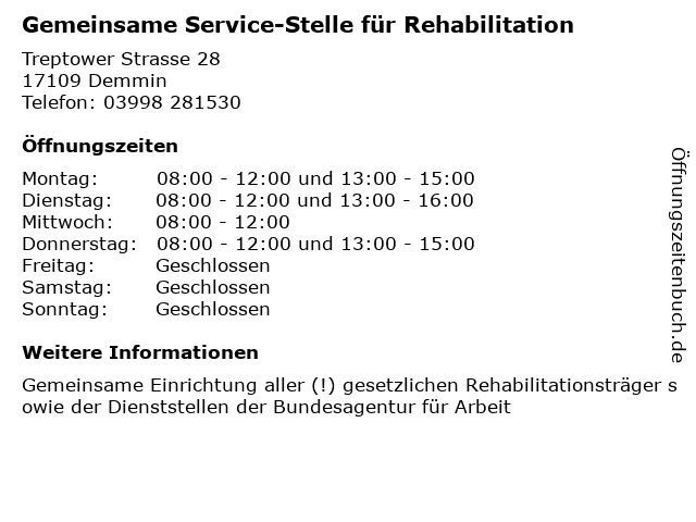Gemeinsame Service-Stelle für Rehabilitation in Demmin: Adresse und Öffnungszeiten