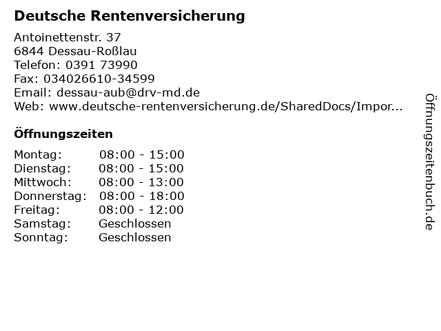 ᐅ Offnungszeiten Deutsche Rentenversicherung Antoinettenstr 37 In Dessau Rosslau