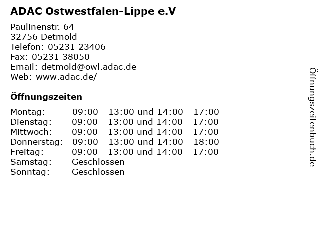 ADAC Ostwestfalen-Lippe e.V in Detmold: Adresse und Öffnungszeiten