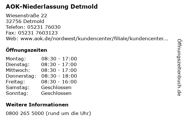 AOK-Niederlassung Detmold in Detmold: Adresse und Öffnungszeiten