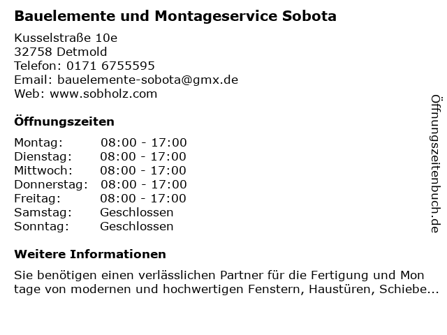 Bauelemente und Montageservice Sobota in Detmold: Adresse und Öffnungszeiten