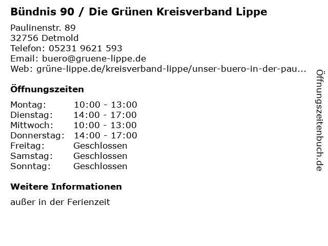 Bündnis 90 / Die Grünen Kreisverband Lippe in Detmold: Adresse und Öffnungszeiten