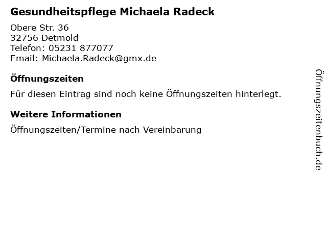 Gesundheitspflege Michaela Radeck in Detmold: Adresse und Öffnungszeiten