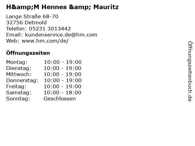 H&M Hennes & Mauritz in Detmold: Adresse und Öffnungszeiten
