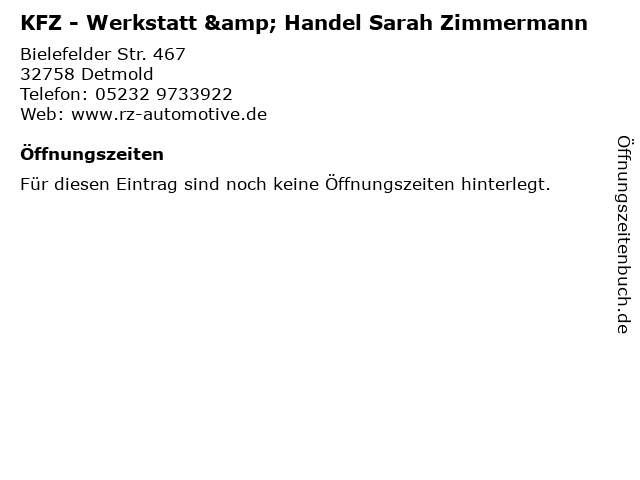 KFZ - Werkstatt & Handel Sarah Zimmermann in Detmold: Adresse und Öffnungszeiten