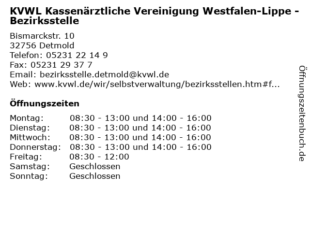 KVWL Kassenärztliche Vereinigung Westfalen-Lippe - Bezirksstelle in Detmold: Adresse und Öffnungszeiten