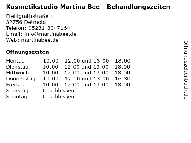 Kosmetikstudio Martina Bee - Behandlungszeiten in Detmold: Adresse und Öffnungszeiten