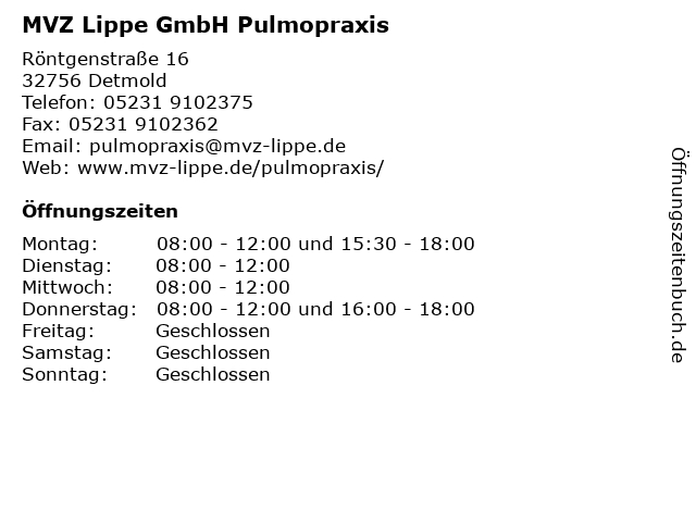 MVZ Lippe GmbH Pulmopraxis in Detmold: Adresse und Öffnungszeiten