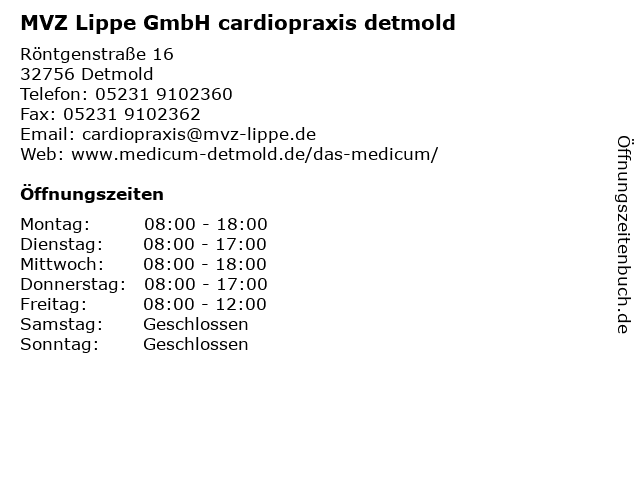 MVZ Lippe GmbH cardiopraxis detmold in Detmold: Adresse und Öffnungszeiten