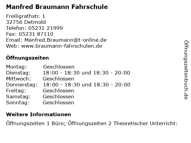 Manfred Braumann Fahrschule in Detmold: Adresse und Öffnungszeiten