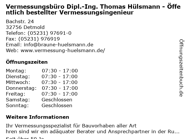 Vermessungsbüro Dipl.-Ing. Thomas Hülsmann - Öffentlich bestellter Vermessungsingenieur in Detmold: Adresse und Öffnungszeiten