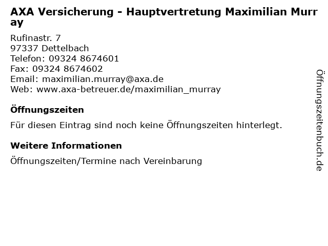 AXA Versicherung - Hauptvertretung Maximilian Murray in Dettelbach: Adresse und Öffnungszeiten