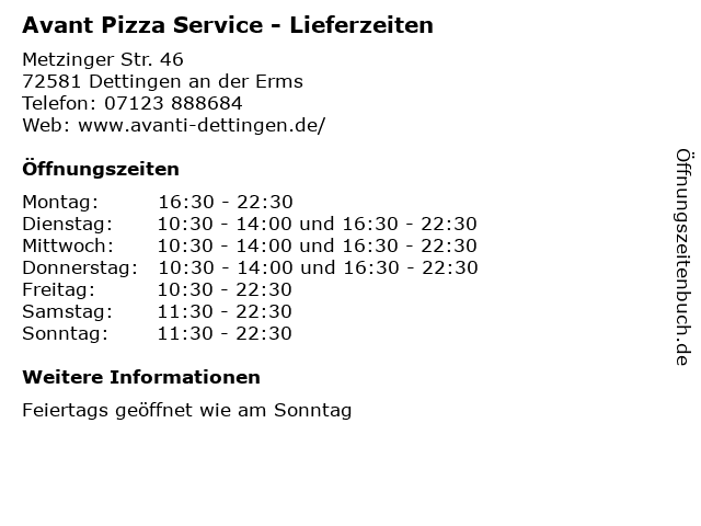 Avant Pizza Service - Lieferzeiten in Dettingen an der Erms: Adresse und Öffnungszeiten