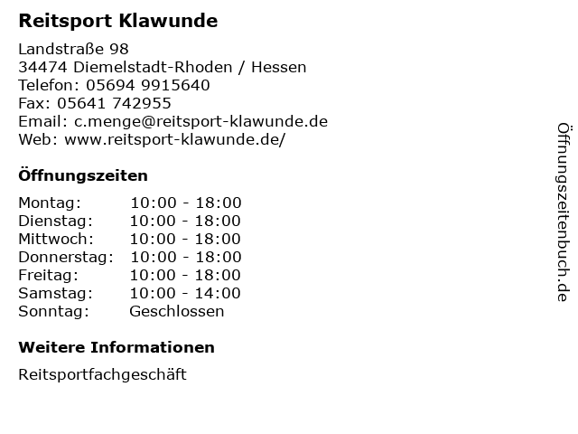 Reitsport Klawunde in Diemelstadt-Rhoden / Hessen: Adresse und Öffnungszeiten