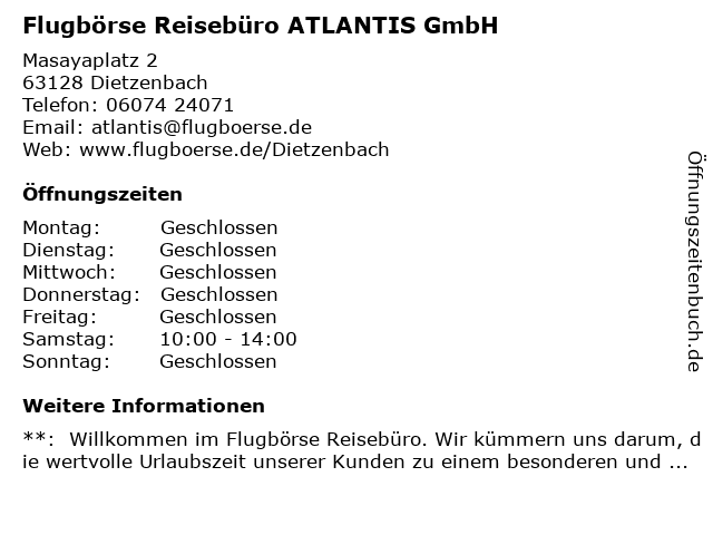 Flugbörse Reisebüro ATLANTIS GmbH in Dietzenbach: Adresse und Öffnungszeiten