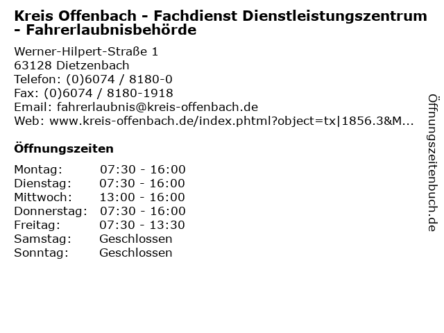 Kreis Offenbach - Fachdienst Dienstleistungszentrum - Fahrerlaubnisbehörde in Dietzenbach: Adresse und Öffnungszeiten