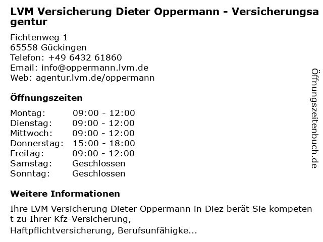 LVM Versicherung Dieter Oppermann - Versicherungsagentur in Diez: Adresse und Öffnungszeiten