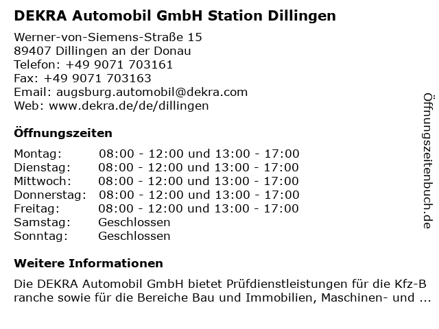 DEKRA Automobil GmbH Station Dillingen in Dillingen an der Donau: Adresse und Öffnungszeiten
