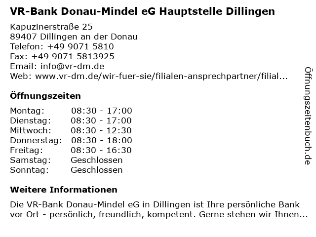 VR-Bank Donau-Mindel eG Hauptgeschäftsstelle Dillingen in Dillingen an der Donau: Adresse und Öffnungszeiten
