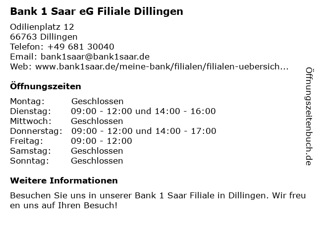 ᐅ Offnungszeiten Bank 1 Saar Eg Filiale Dillingen