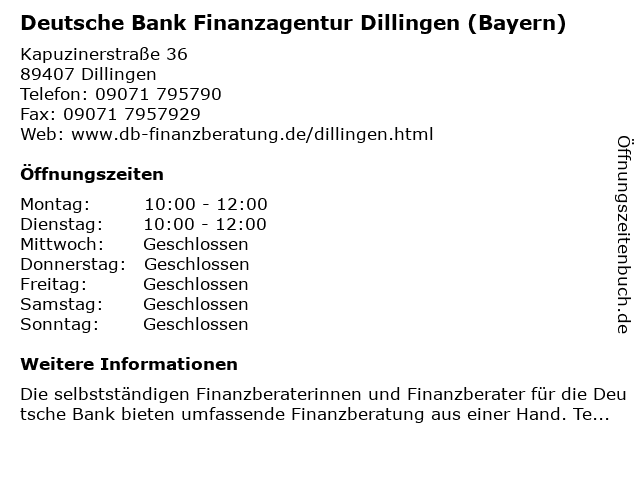 Deutsche Bank Finanzagentur Dillingen (Bayern) in Dillingen: Adresse und Öffnungszeiten