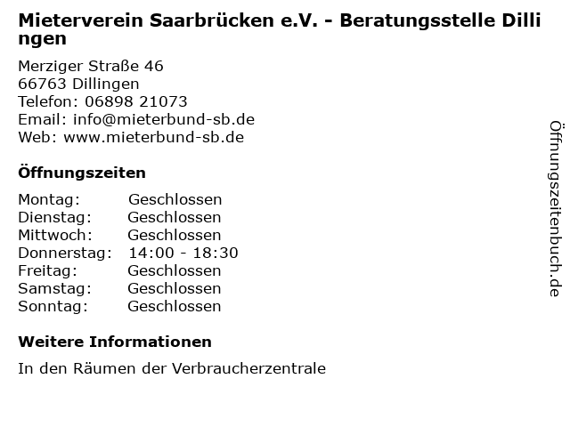 Mieterverein Saarbrücken e.V. - Beratungsstelle Dillingen in Dillingen: Adresse und Öffnungszeiten