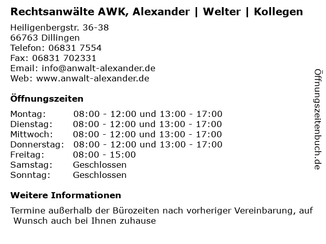 Rechtsanwälte AWK, Alexander | Welter | Kollegen in Dillingen: Adresse und Öffnungszeiten