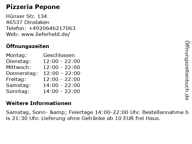 Pizzeria Pepone in Dinslaken: Adresse und Öffnungszeiten