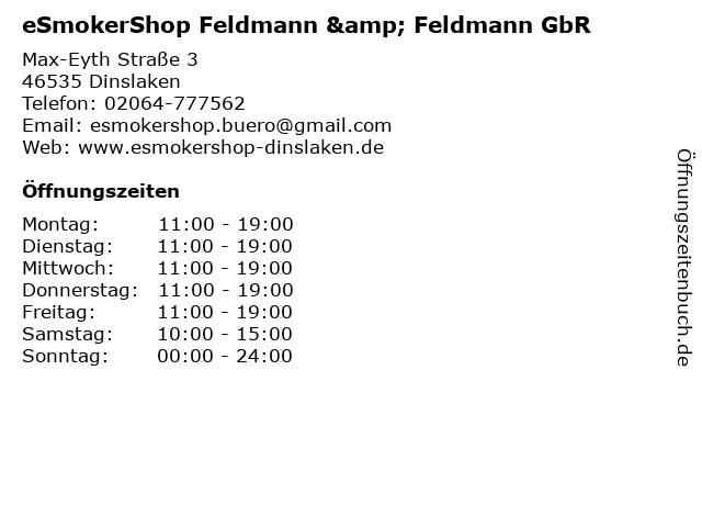 eSmokerShop Feldmann & Feldmann GbR in Dinslaken: Adresse und Öffnungszeiten