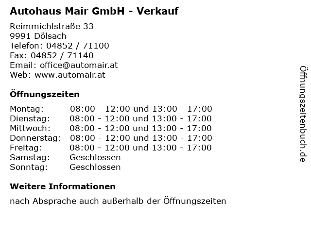 Autohaus Mair GmbH - Verkauf in Dölsach: Adresse und Öffnungszeiten