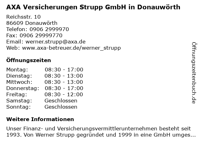 AXA Versicherungen Strupp GmbH in Donauwörth in Donauwörth: Adresse und Öffnungszeiten
