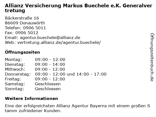 Allianz Versicherung Markus Buechele e.K. Generalvertretung in Donauwörth: Adresse und Öffnungszeiten