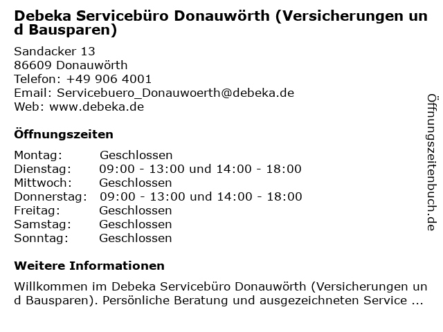 ᐅ Offnungszeiten Debeka Serviceburo Donauworth Sandacker 13 In Donauworth
