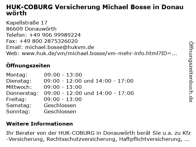 HUK-COBURG Versicherung Michael Bosse in Donauwörth in Donauwörth: Adresse und Öffnungszeiten