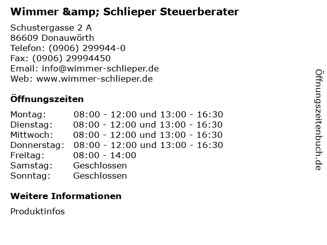 Wimmer & Schlieper Steuerberater in Donauwörth: Adresse und Öffnungszeiten
