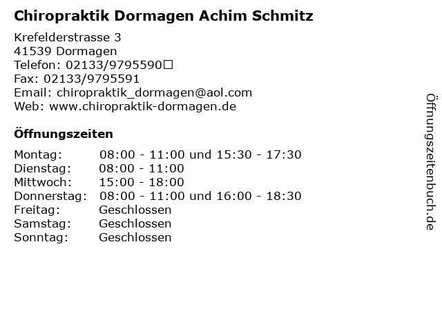 Chiropraktik Dormagen Achim Schmitz in Dormagen: Adresse und Öffnungszeiten