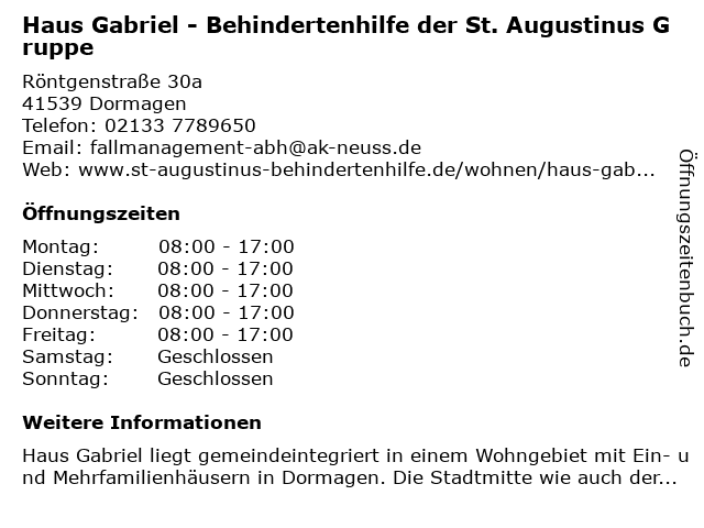 Haus Gabriel - Behindertenhilfe der St. Augustinus Gruppe in Dormagen: Adresse und Öffnungszeiten