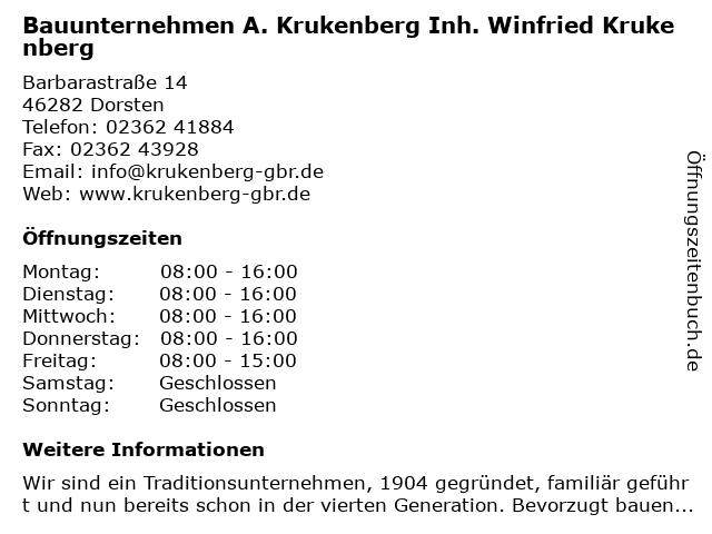Bauunternehmen A. Krukenberg Inh. Winfried Krukenberg in Dorsten: Adresse und Öffnungszeiten