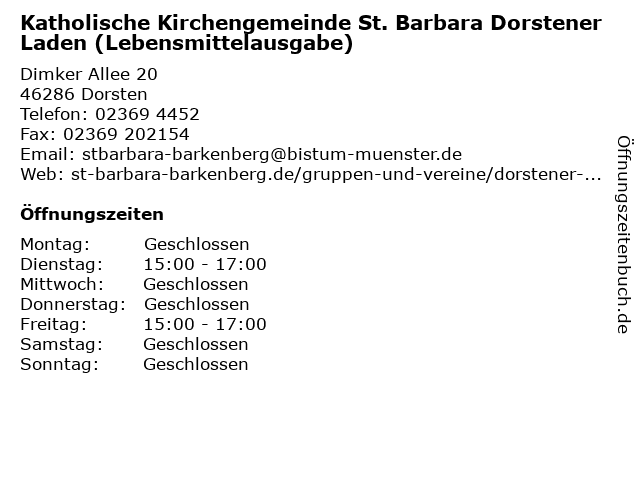 Katholische Kirchengemeinde St. Barbara Dorstener Laden (Lebensmittelausgabe) in Dorsten: Adresse und Öffnungszeiten