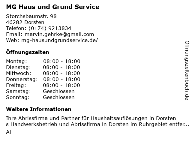 MG Haus und Grund Service in Dorsten: Adresse und Öffnungszeiten