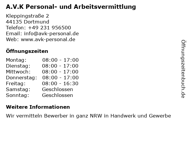A.V.K Personal- und Arbeitsvermittlung in Dortmund: Adresse und Öffnungszeiten