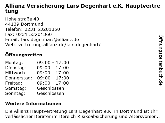 Allianz Versicherung Lars Degenhart e.K. Hauptvertretung in Dortmund: Adresse und Öffnungszeiten