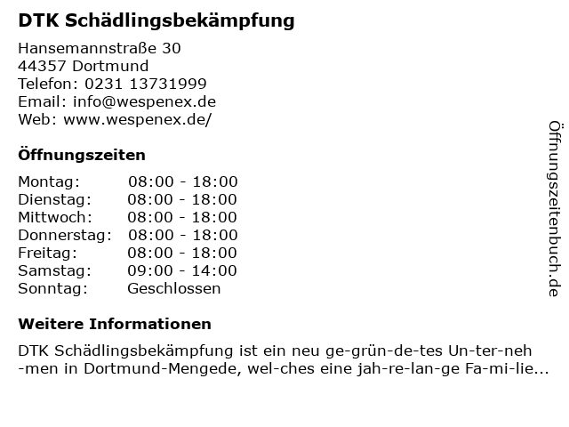 DTK Schädlingsbekämpfung in Dortmund: Adresse und Öffnungszeiten