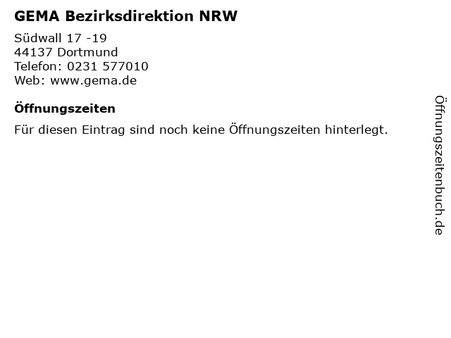 GEMA Bezirksdirektion NRW in Dortmund: Adresse und Öffnungszeiten