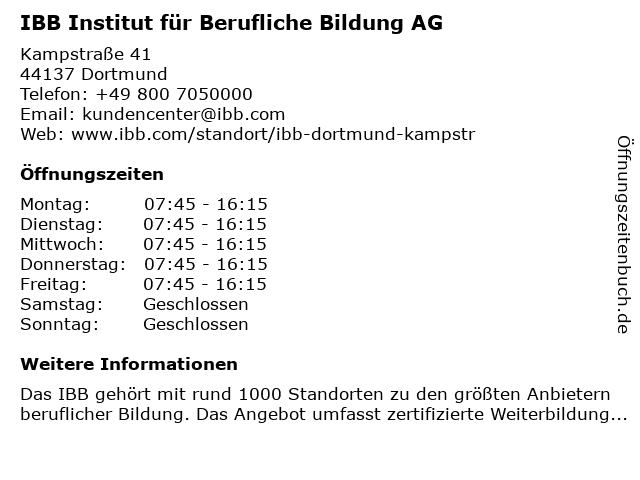 IBB Institut für Berufliche Bildung AG in Dortmund: Adresse und Öffnungszeiten