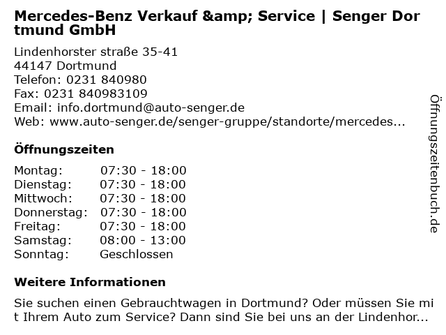 Mercedes-Benz Verkauf & Service | Senger Dortmund GmbH in Dortmund: Adresse und Öffnungszeiten