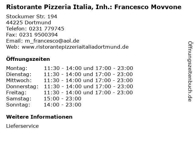 Ristorante Pizzeria Italia, Inh.: Francesco Movvone in Dortmund: Adresse und Öffnungszeiten