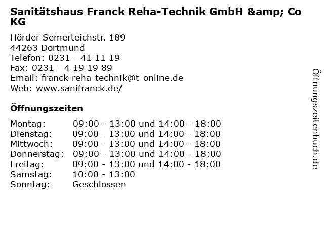 Sanitätshaus Franck Reha-Technik GmbH & Co KG in Dortmund: Adresse und Öffnungszeiten